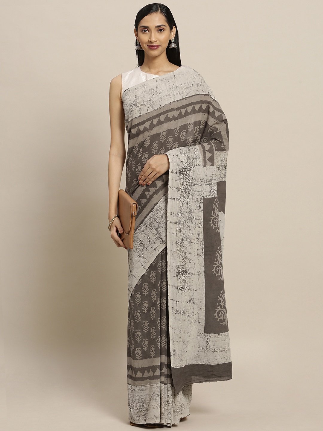 

Mitera Brown & Off-White Pure Cotton Printed Dabu Saree