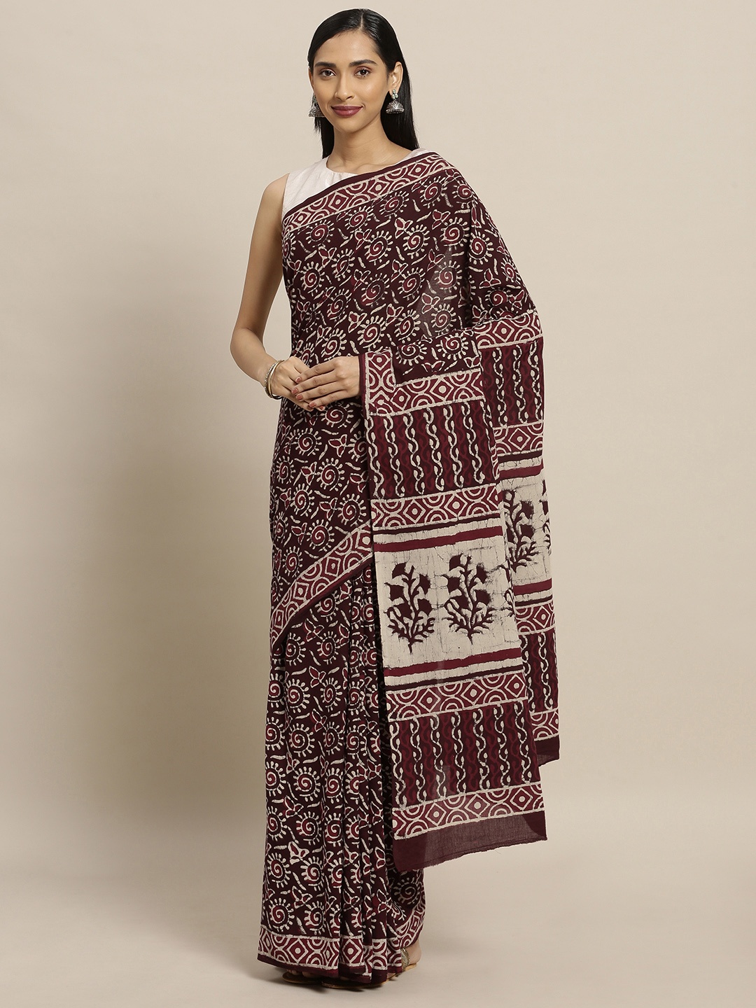

Mitera Maroon Pure Cotton Printed Bagru Saree