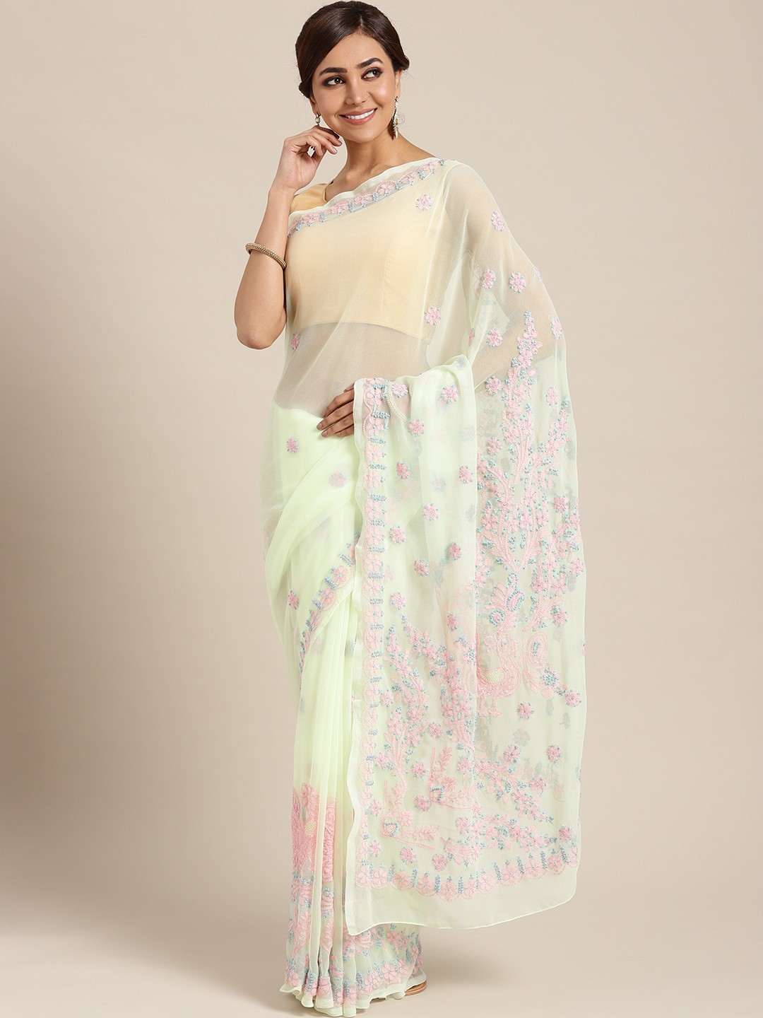 

ADA Green & Pink Chikankari Embroidered Handloom Saree