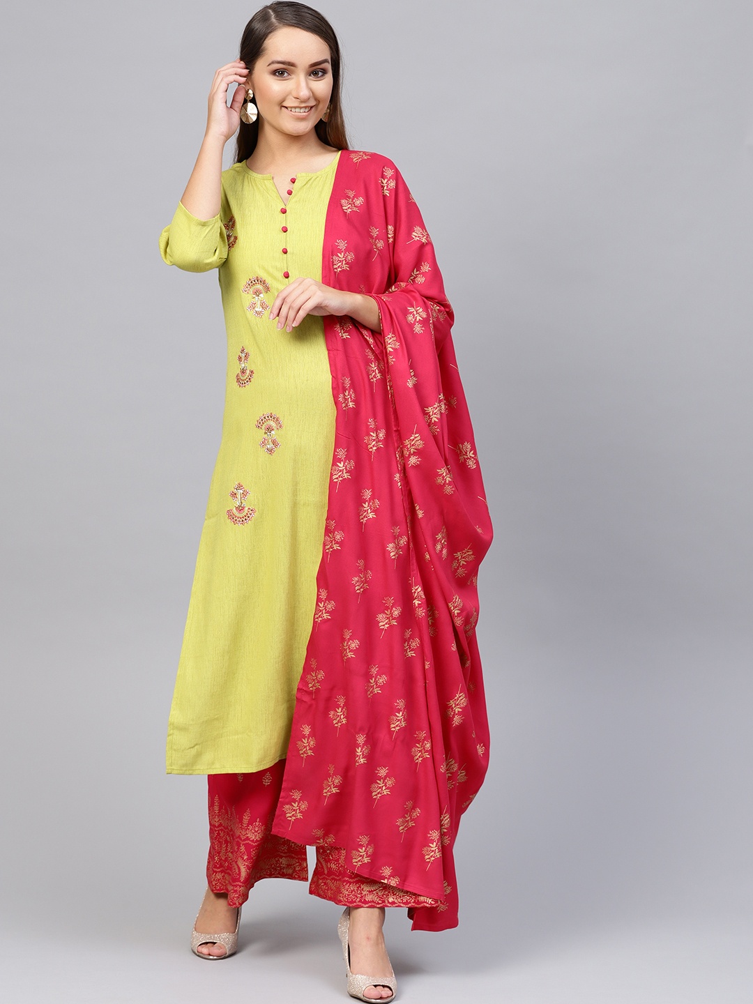 

Yufta Women Green & Pink Embroidered Kurta with Palazzos & Dupatta