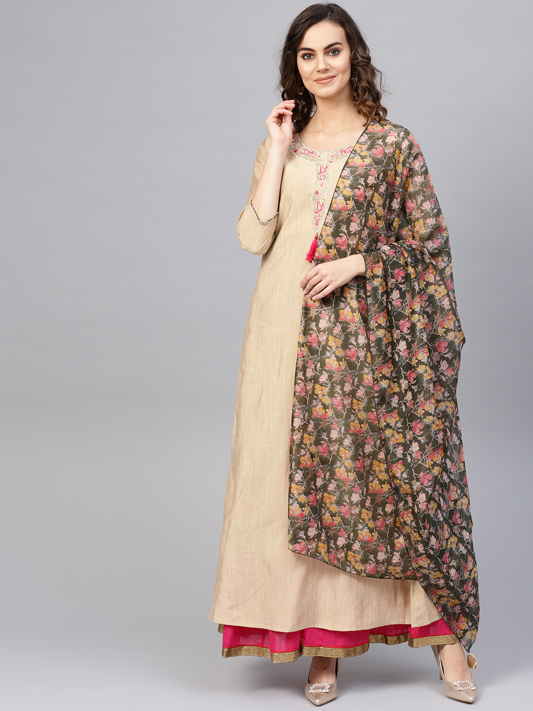 

Yufta Women Beige Self-Striped A-Line Kurta With Dupatta