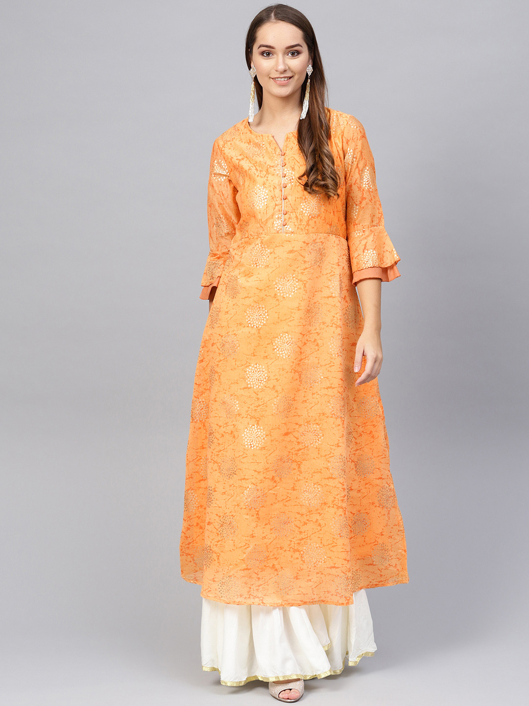 

Yufta Women Orange & Golden Printed A-Line Kurta