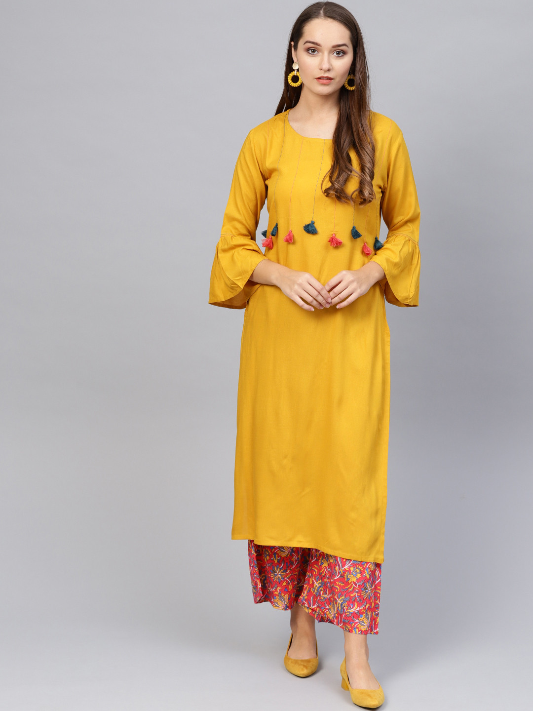 

Yufta Women Mustard Yellow & Pink Yoke Design Kurta with Palazzos