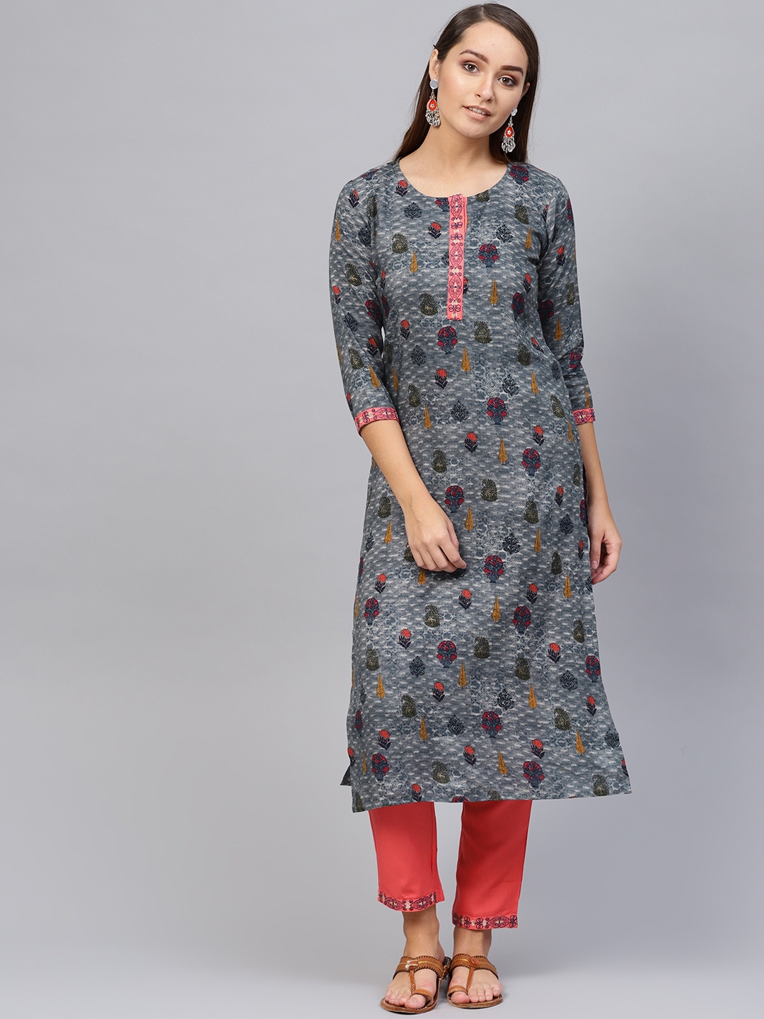 

Yufta Women Blue & Coral Pink Printed Kurta with Trousers