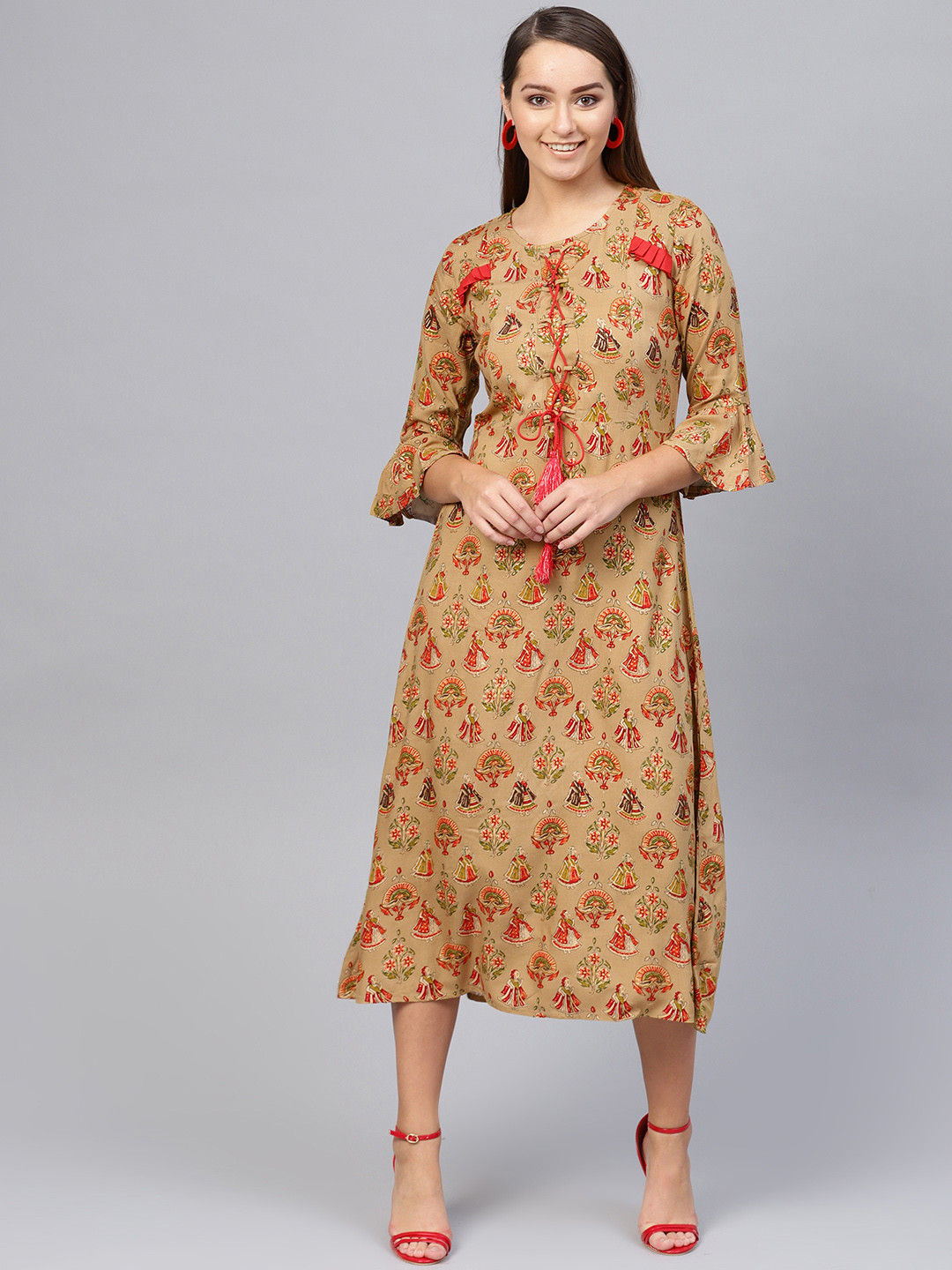 

Yufta Women Beige & Red Printed A-Line Dress