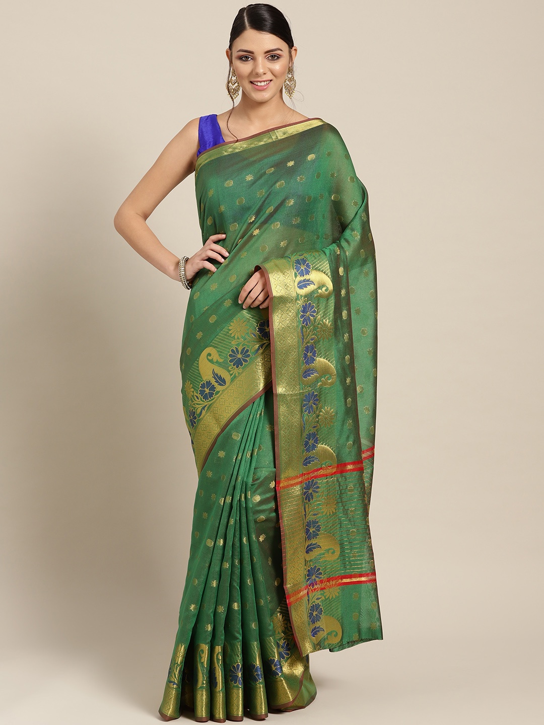 

Chhabra 555 Green & Golden Zari & Meenakari Woven Design Chanderi Saree