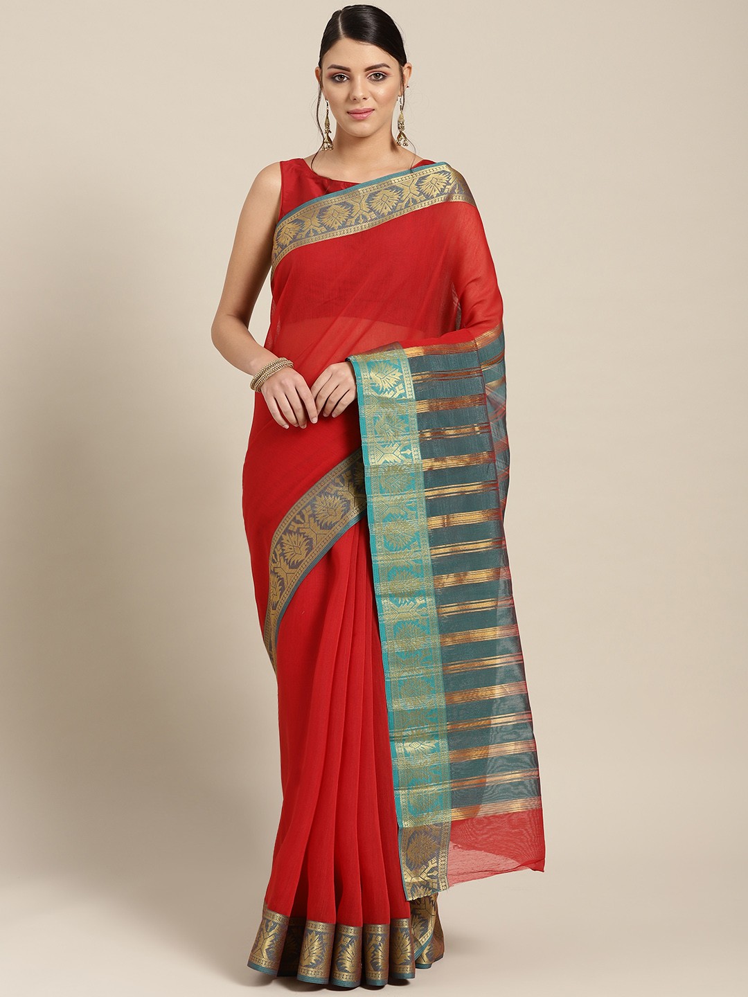 

Chhabra 555 Red & Green Solid Chanderi Saree