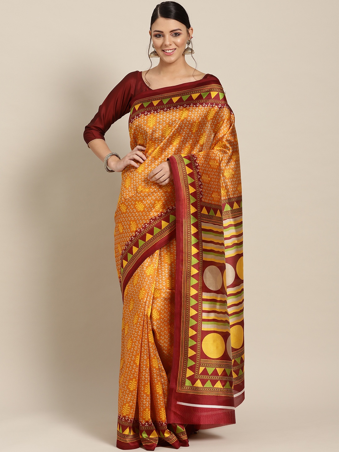 

Chhabra 555 Mustard Yellow & Maroon Printed Patola Saree