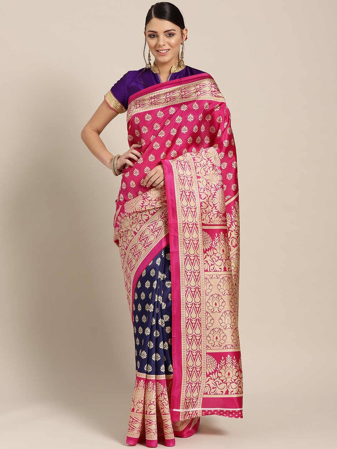 

Chhabra 555 Pink & Navy Half and Half Printed Patola Saree