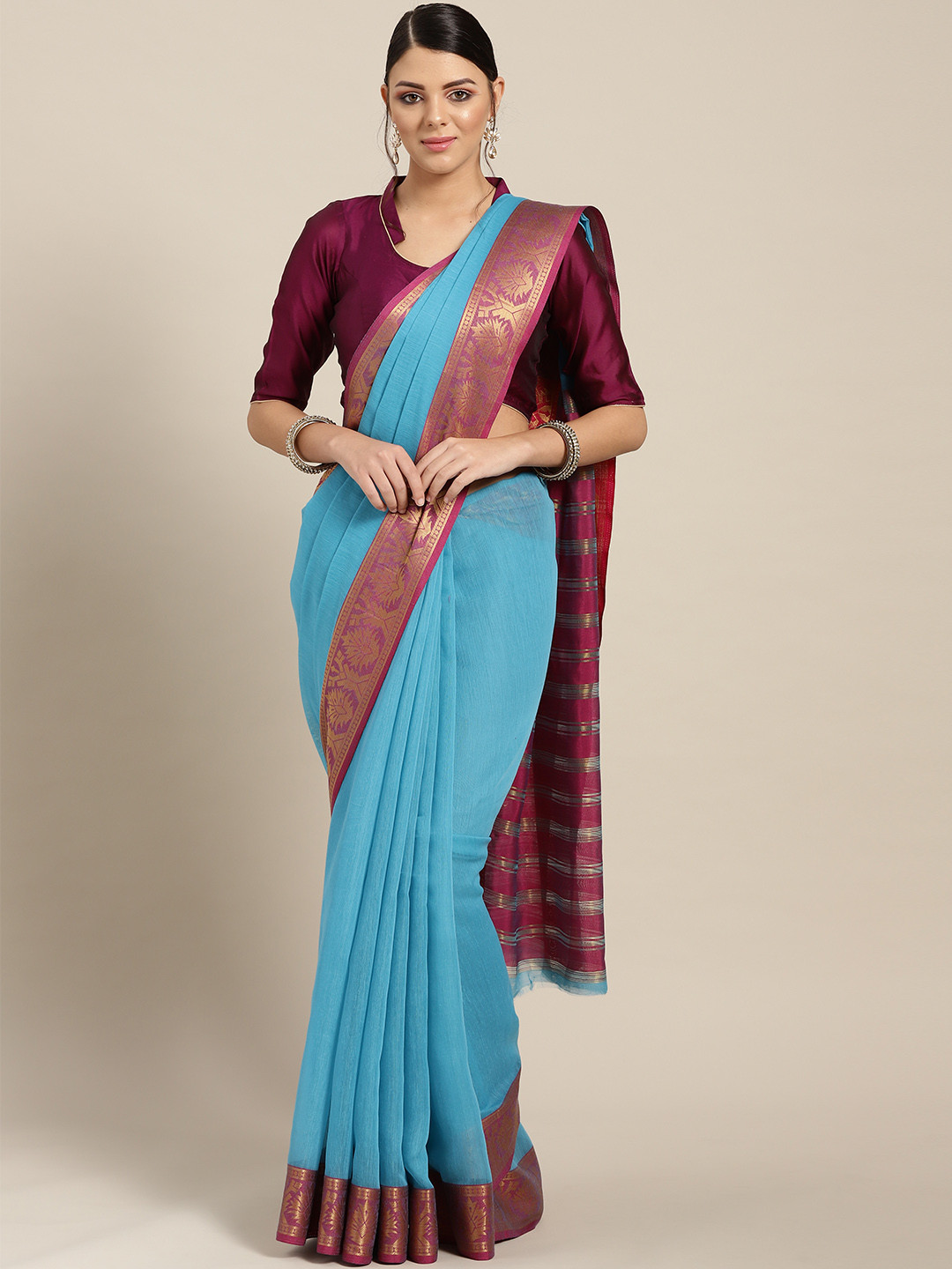

Chhabra 555 Blue Solid Chanderi Saree