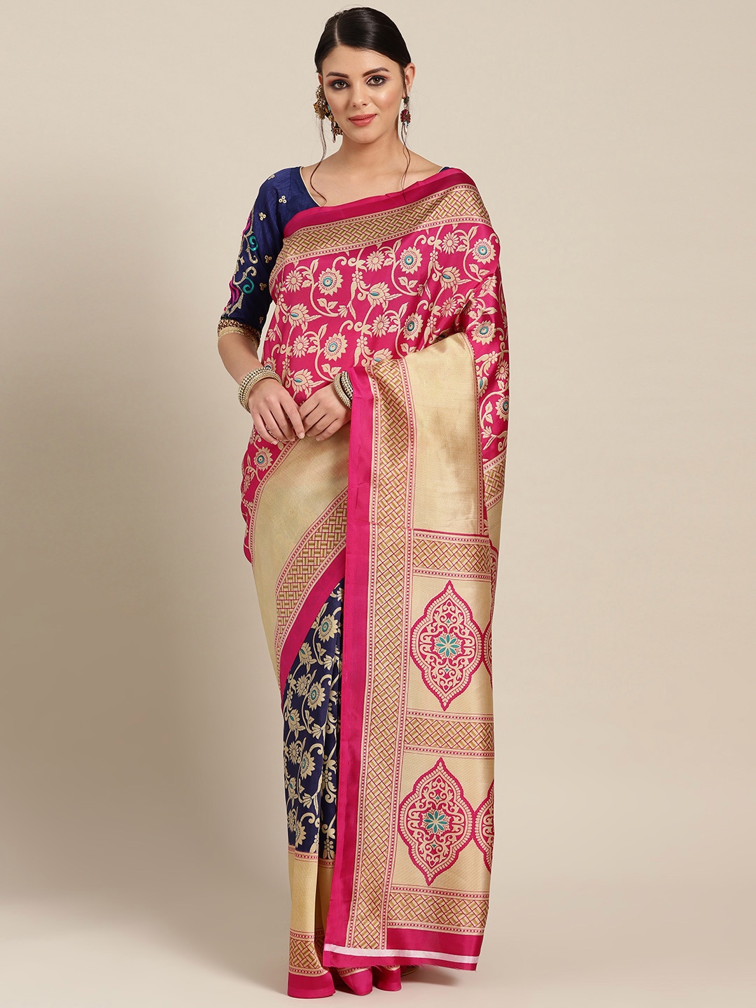 

Chhabra 555 Pink & Navy Blue Meenakari Print Patola Saree