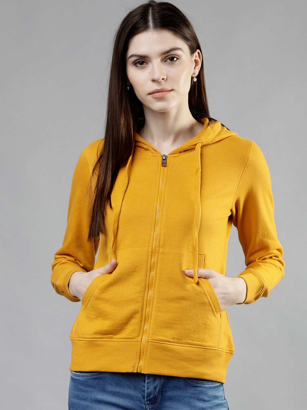 

Tokyo Talkies Women Mustard Yellow Solid Hooded Sweatshirt