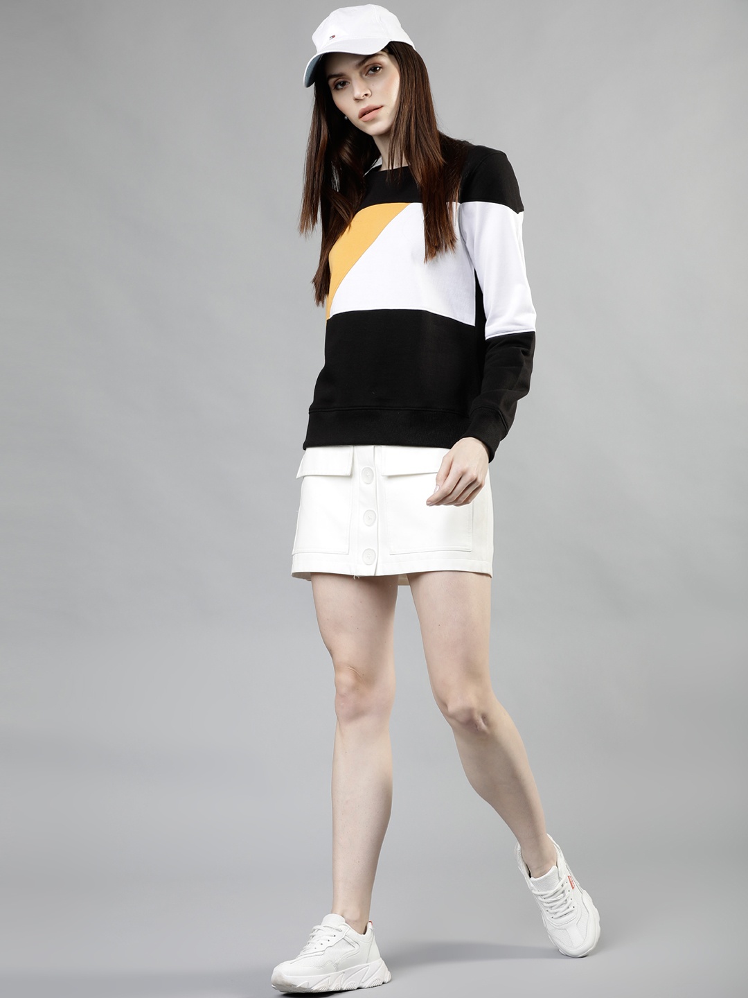 

Tokyo Talkies Women Black & Mustard Colourblocked Sweatshirt