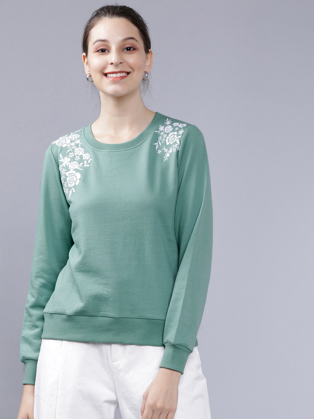 

Tokyo Talkies Women Green Self Design Sweatshirt
