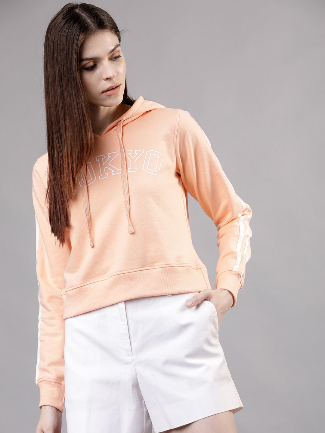 

Tokyo Talkies Women Peach-Coloured Printed Hooded Sweatshirt