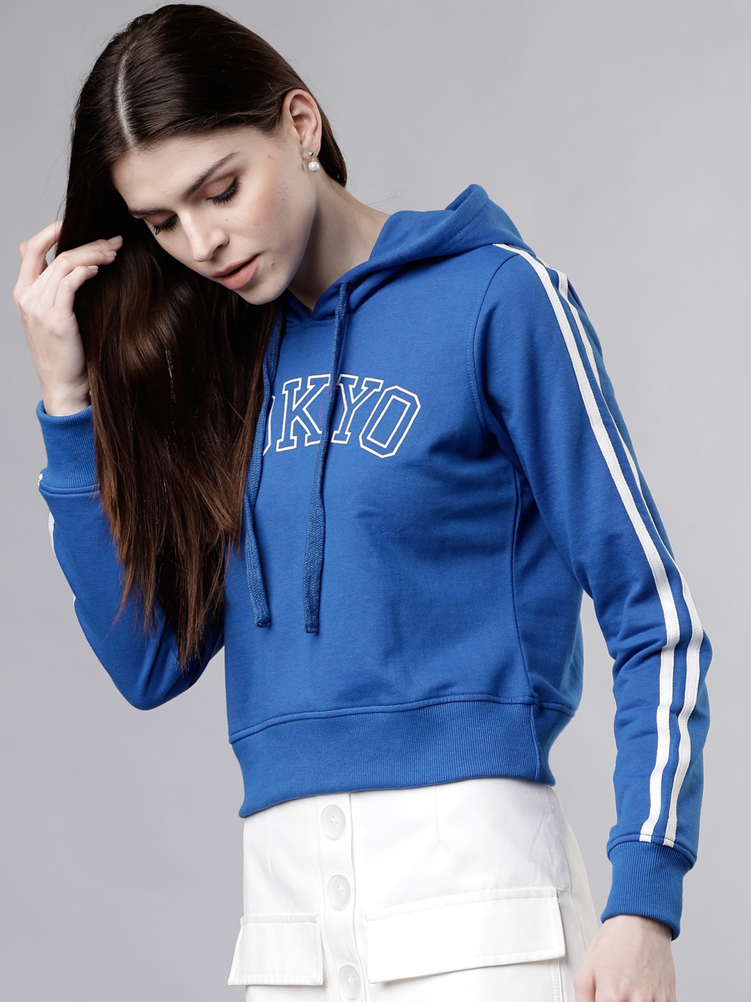 

Tokyo Talkies Women Blue Printed Hooded Sweatshirt