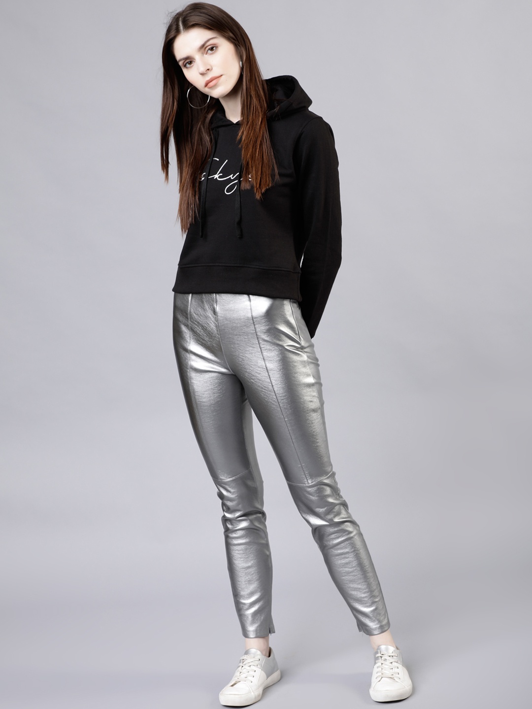 

Tokyo Talkies Women Black & Silver-Toned Printed Hooded Sweatshirt