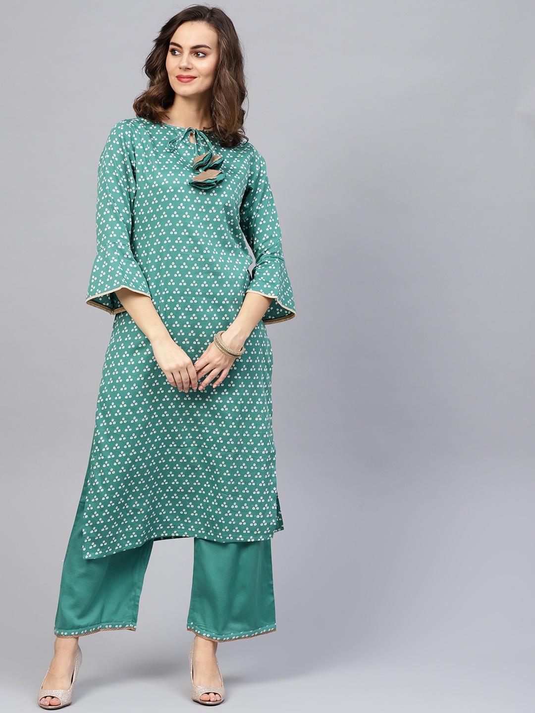 

Indo Era Women Green & Off-White Bandhani Print Kurta with Palazzos