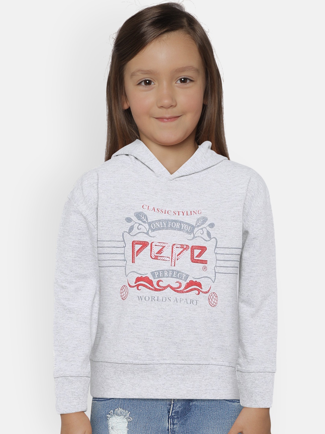 

Pepe Jeans Girls Grey Melange Printed Hooded Sweatshirt