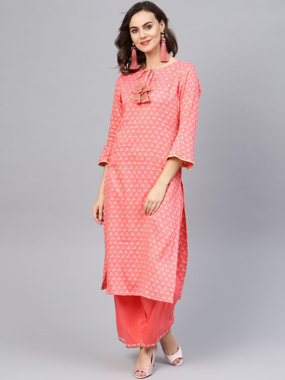 

Indo Era Women Pink Bandhani Print Kurta with Palazzos