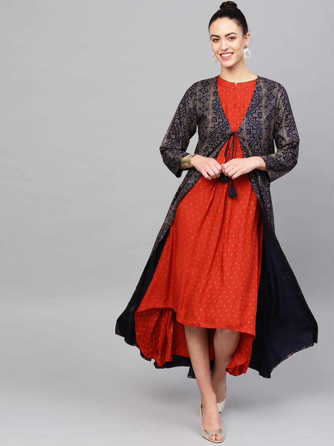 

Indo Era Women Navy Blue & Golden Printed Longline Ethnic Jacket