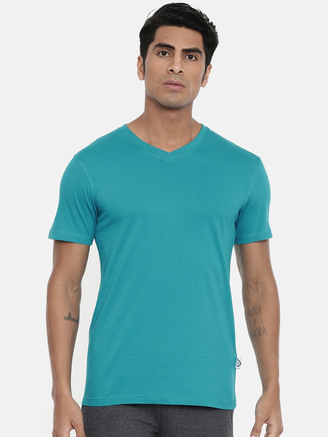 

zebu Men Sea Green Solid V-Neck T-shirt