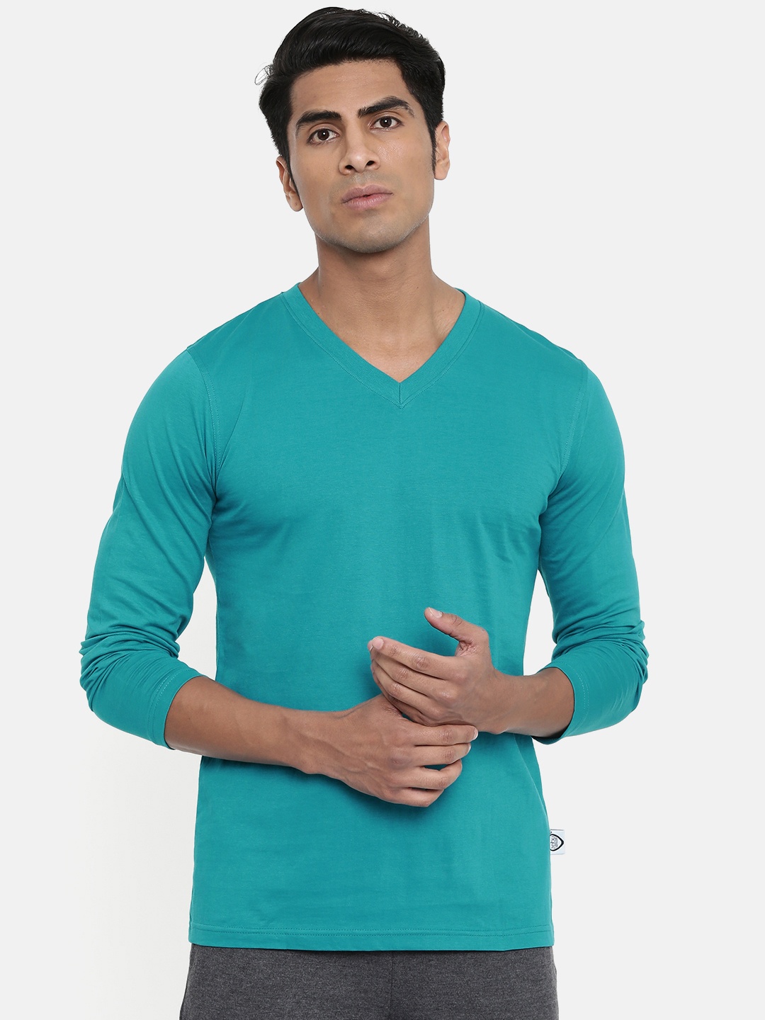 

zebu Men Sea Green Solid V-Neck T-shirt