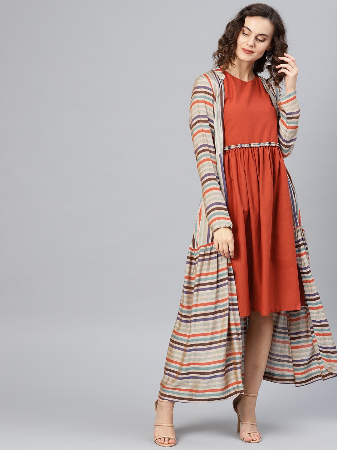 

Inddus Women Rust Orange Solid Fit and Flare Dress with Striped Ethnic Jacket