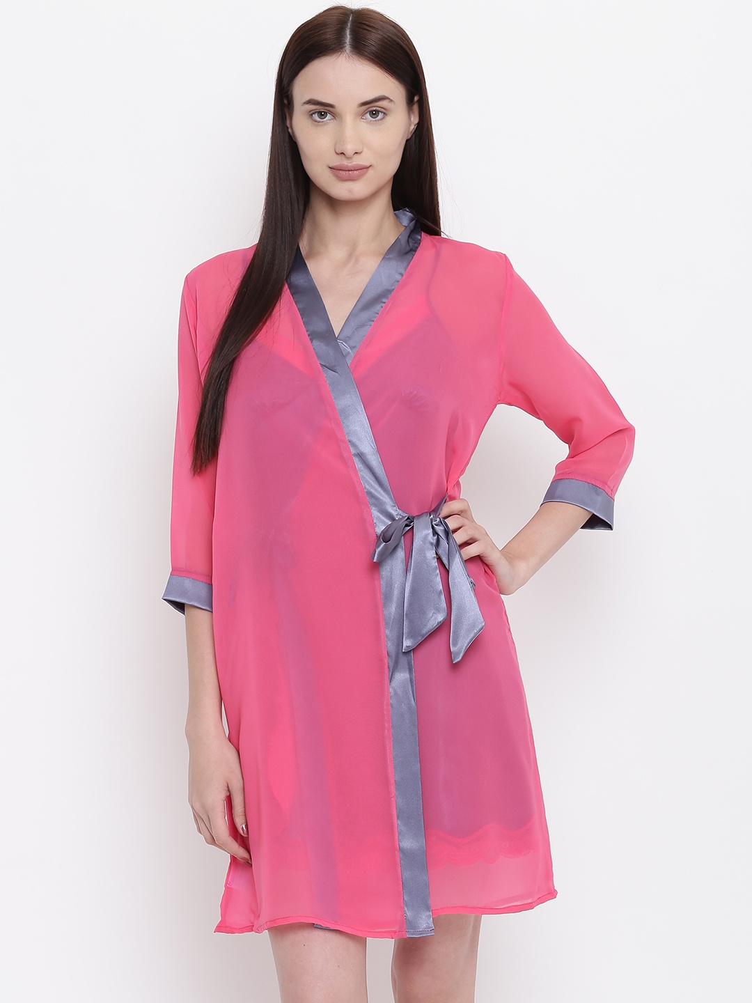 

Sweet Dreams Charcoal Grey & Pink Above Knee Solid Satin Finish Nightdress With Robe