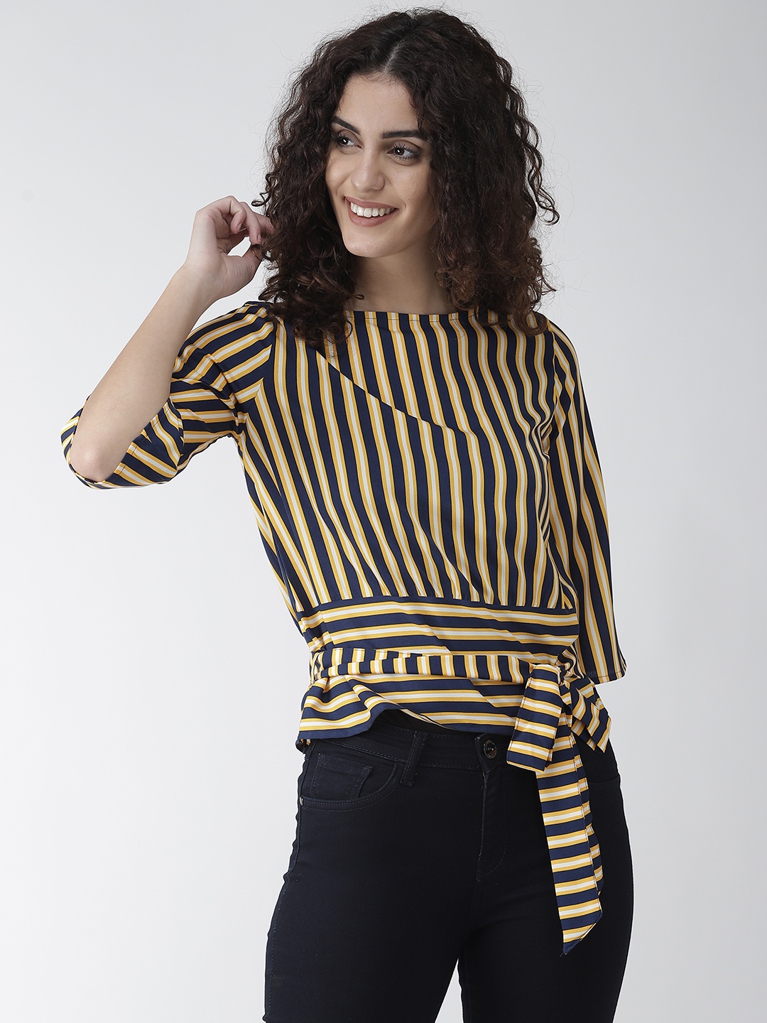 

Style Quotient Women Yellow & Navy Blue Striped Cinched Waist Top