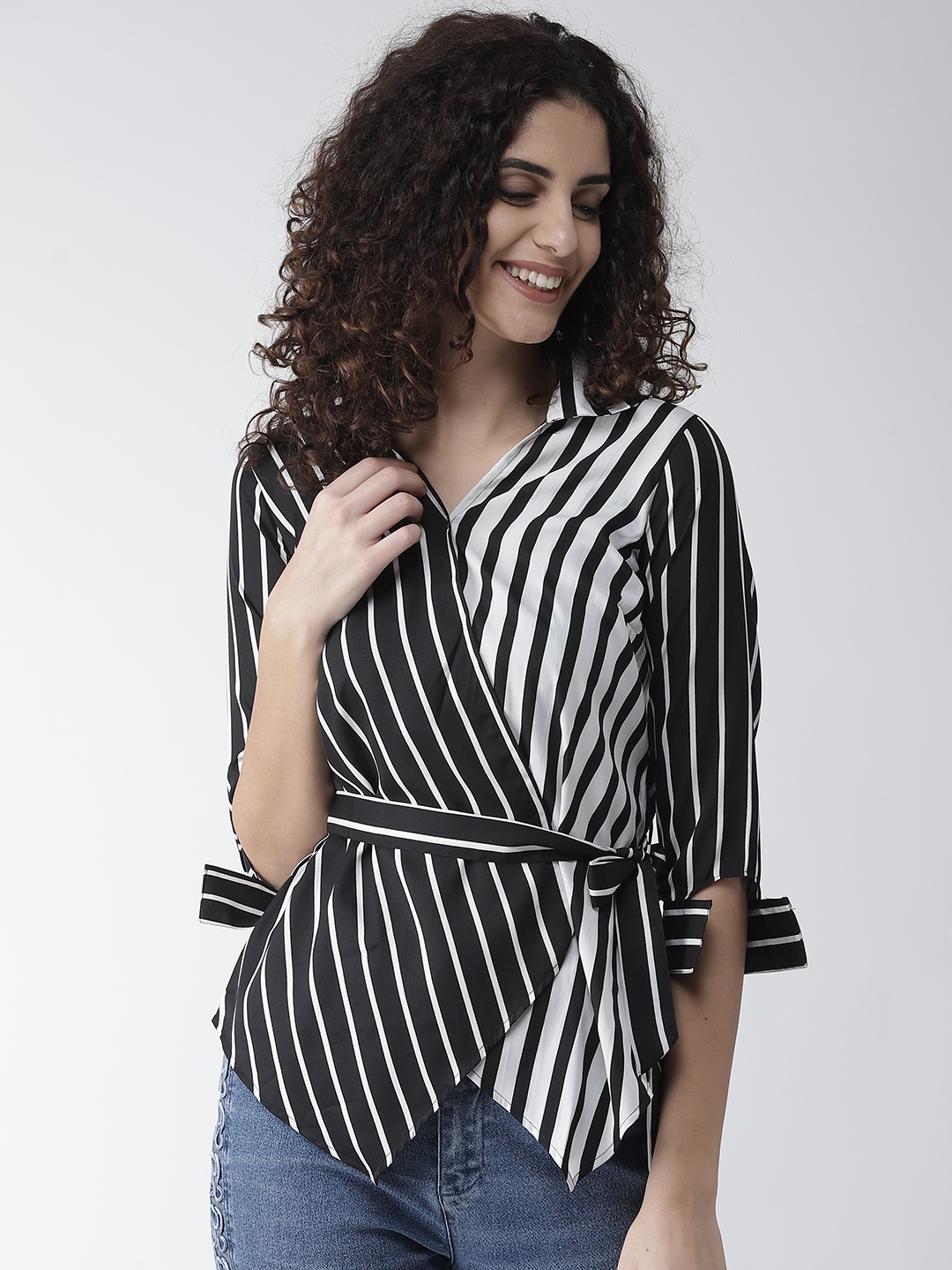 

Style Quotient Women Black & White Striped Wrap Top