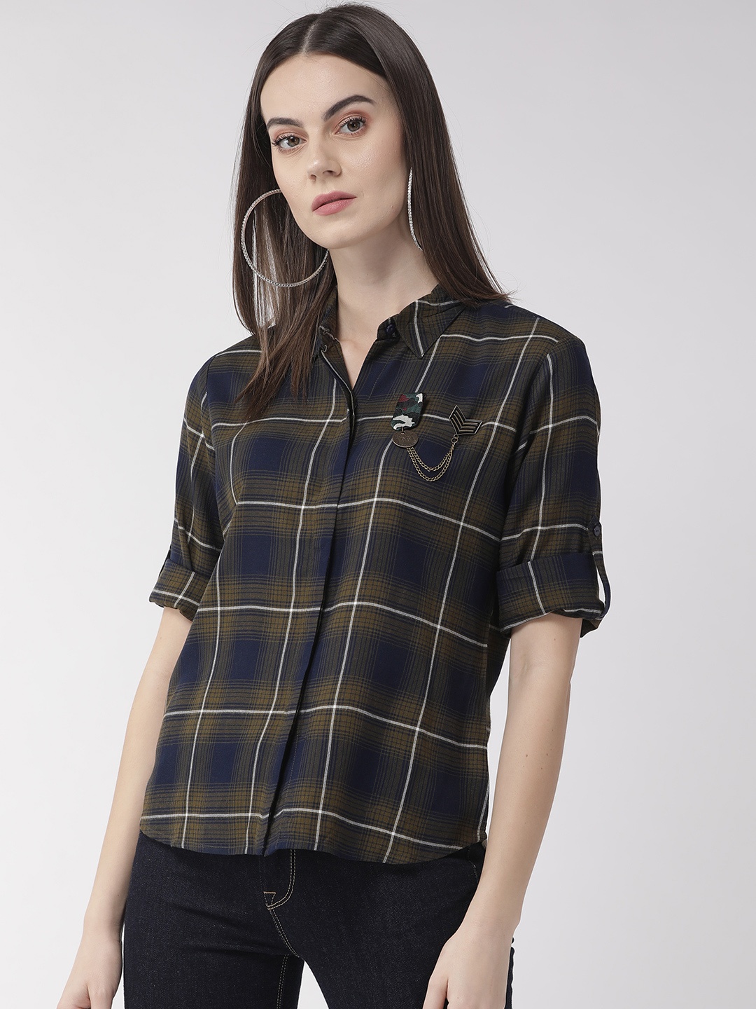 

Style Quotient Women Olive Green & Navy Blue Regular Fit Checked Casual Shirt