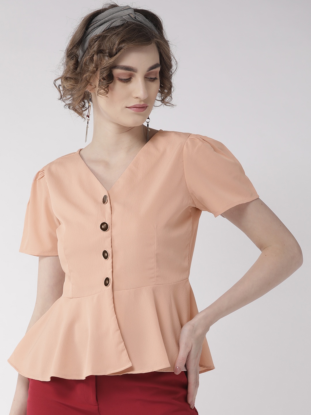 

Style Quotient Women Peach-Coloured Solid Peplum Top