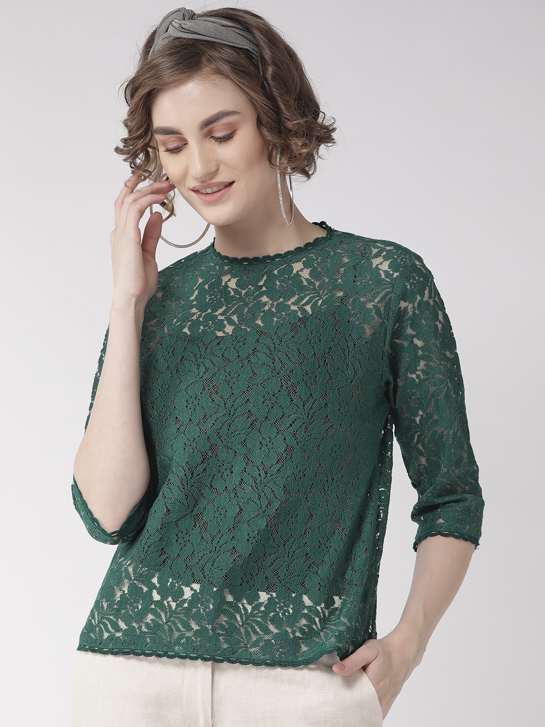 

Style Quotient Women Green Sheer Lace Top