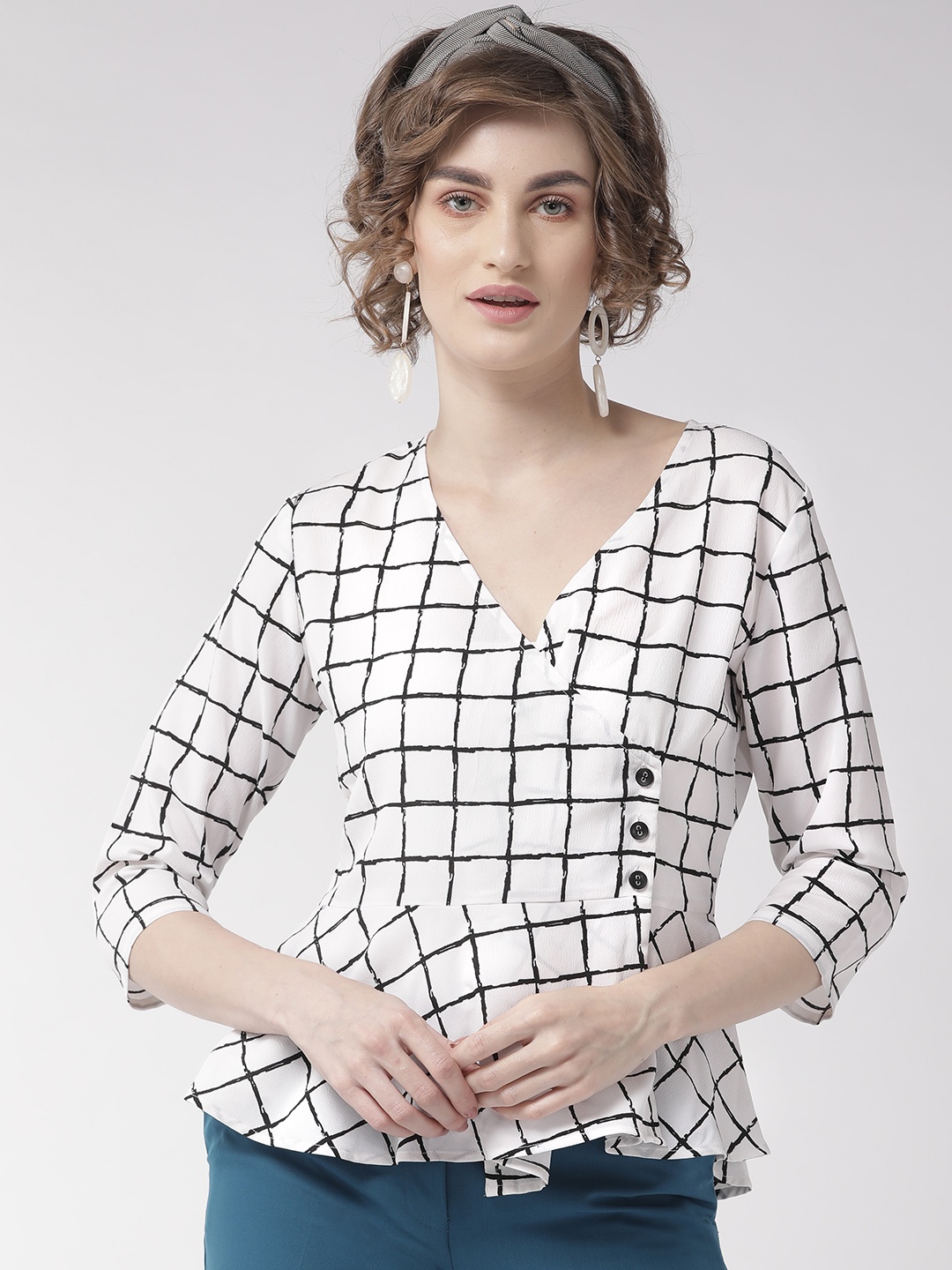 

Style Quotient Women White & Black Checked Wrap Top