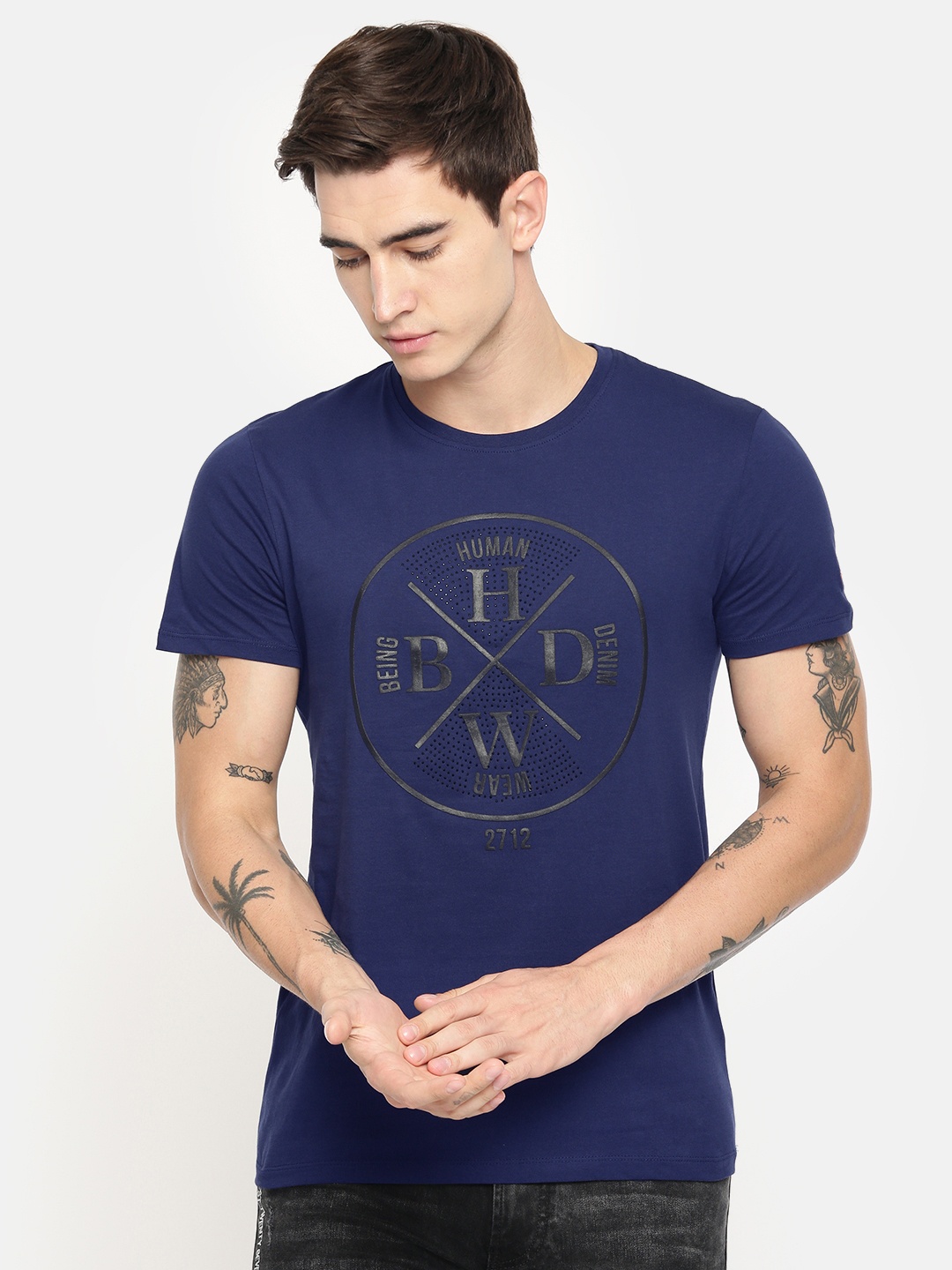 

Being Human Clothing Men Blue Printed Round Neck Pure Cotton T-shirt
