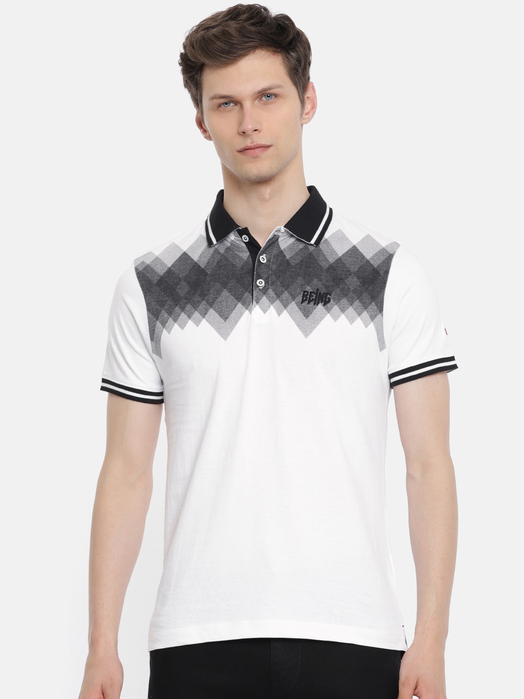 

Being Human Men White Printed Polo Collar Pure Cotton T-shirt
