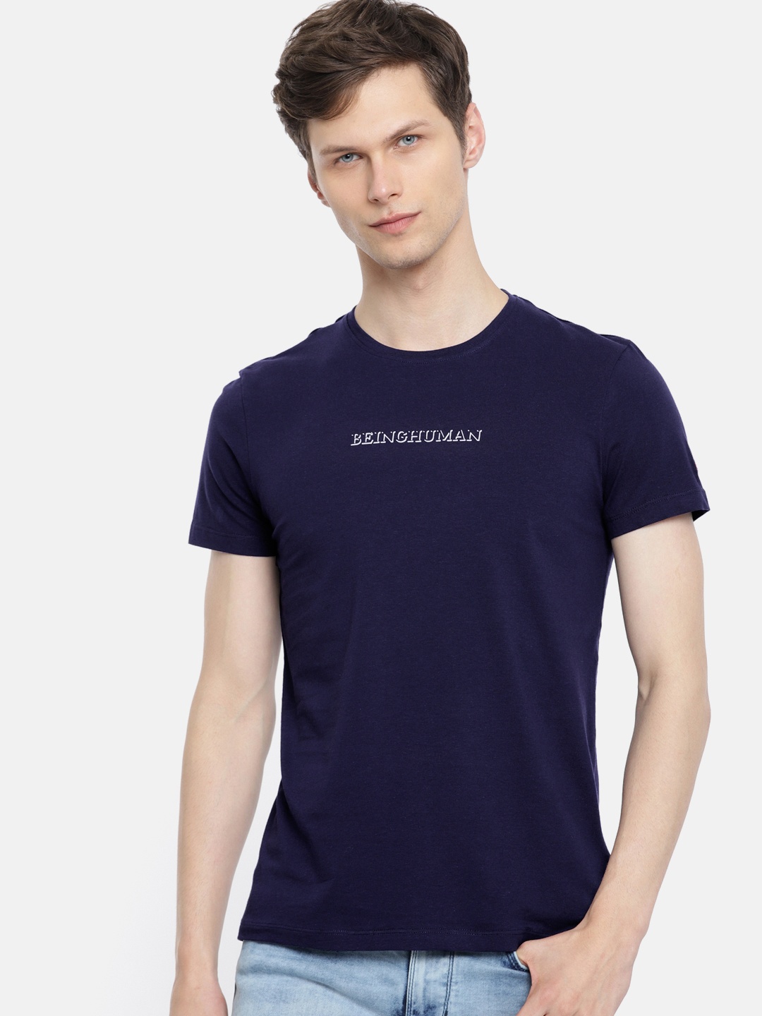 

Being Human Clothing Men Navy Blue Solid Round Neck T-shirt