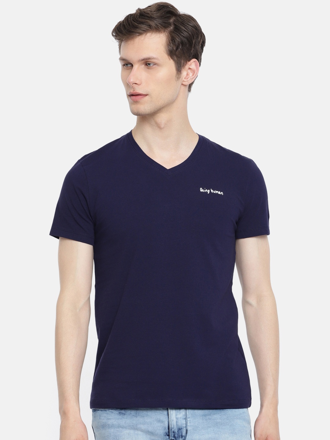 

Being Human Clothing Men Navy Blue Solid V-Neck T-shirt