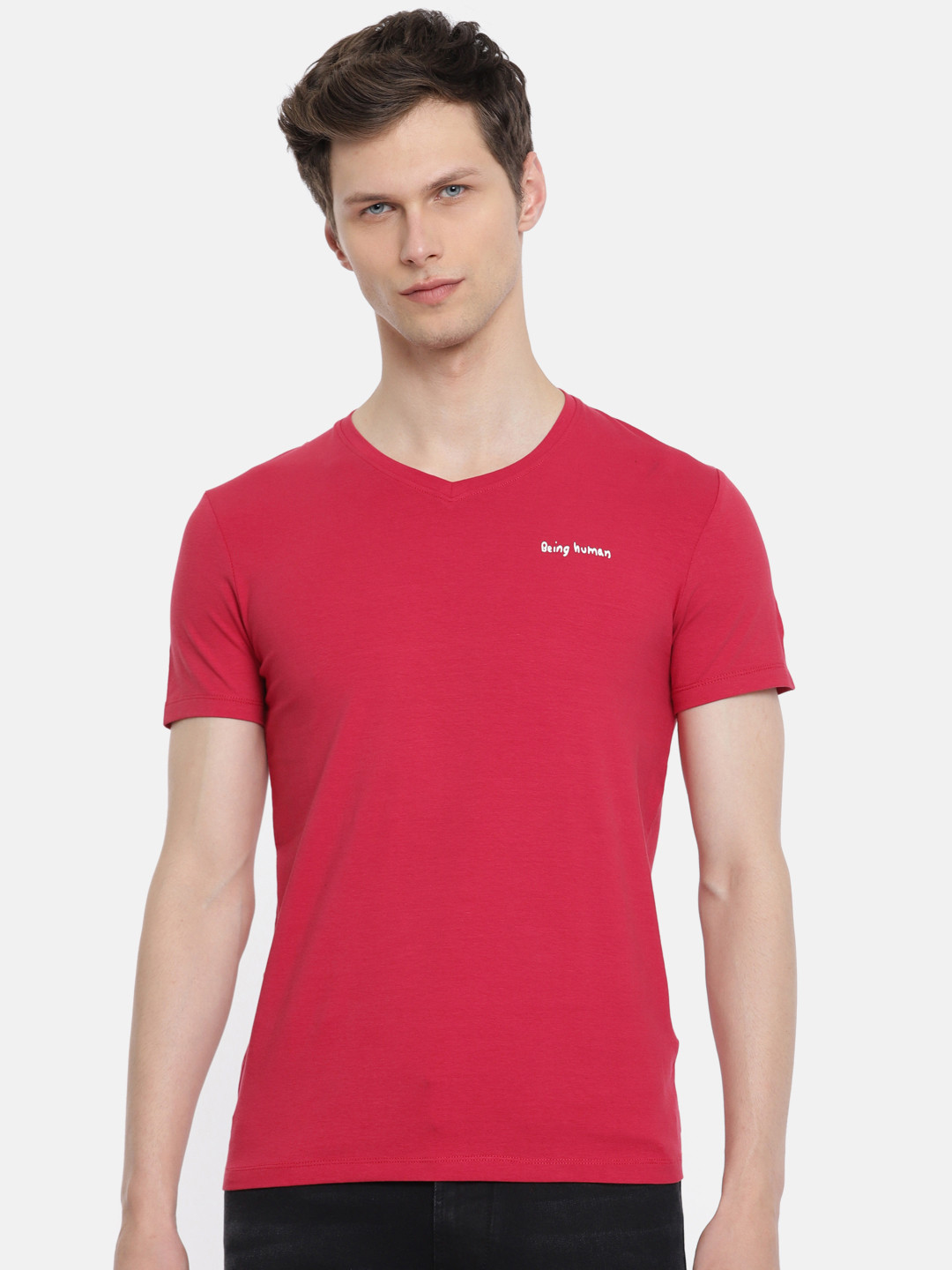 

Being Human Clothing Men Red Solid V-Neck T-shirt