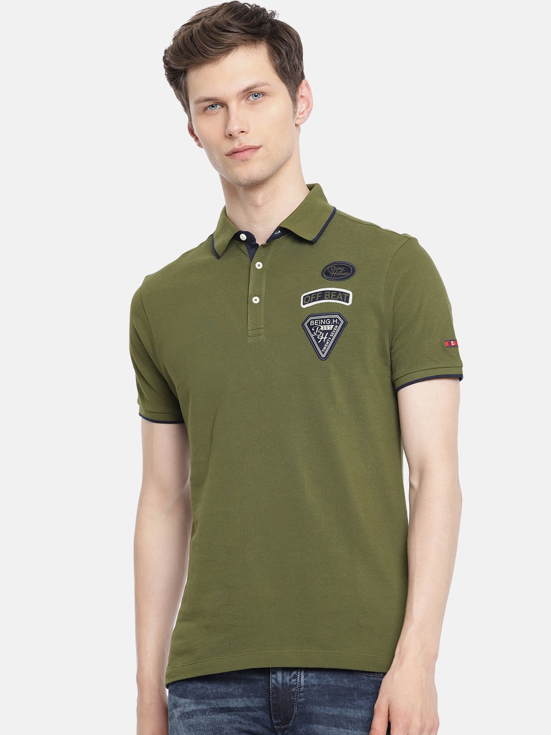 

Being Human Men Olive Green Solid Polo Collar Pure Cotton T-shirt