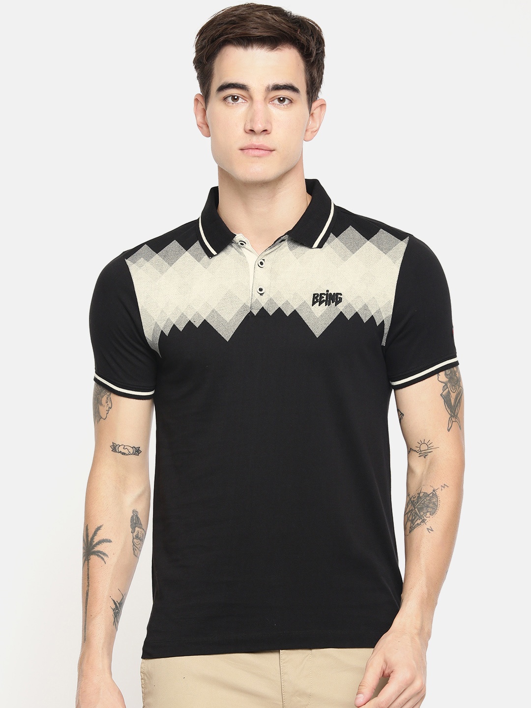 

Being Human Men Black Printed Polo Collar Pure Cotton T-shirt