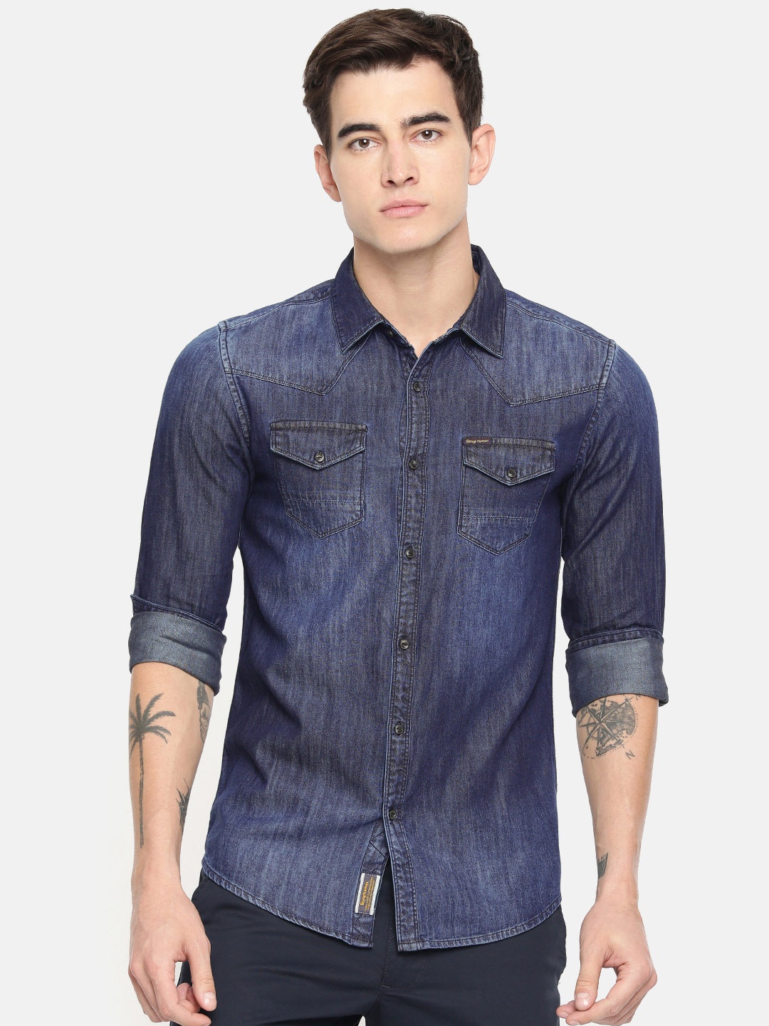 

Being Human Men Navy Blue Regular Fit Solid Casual Chambray Shirt