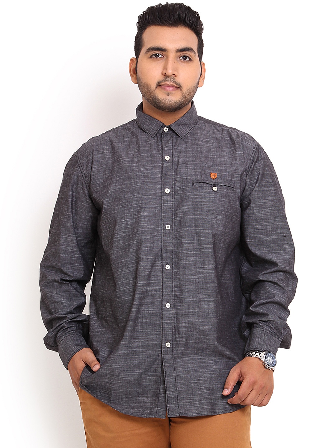 

John Pride Plus Size Men Charcoal Grey Self Design Smart Fit Casual Shirt