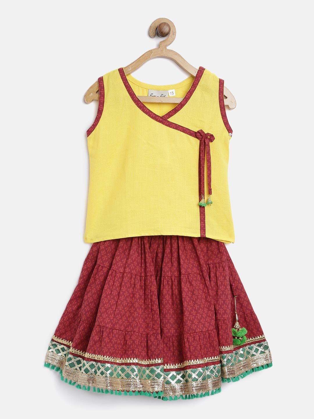 

BownBee Maroon & Yellow Ready to Wear Sanganeri Print Lehenga with Solid Blouse
