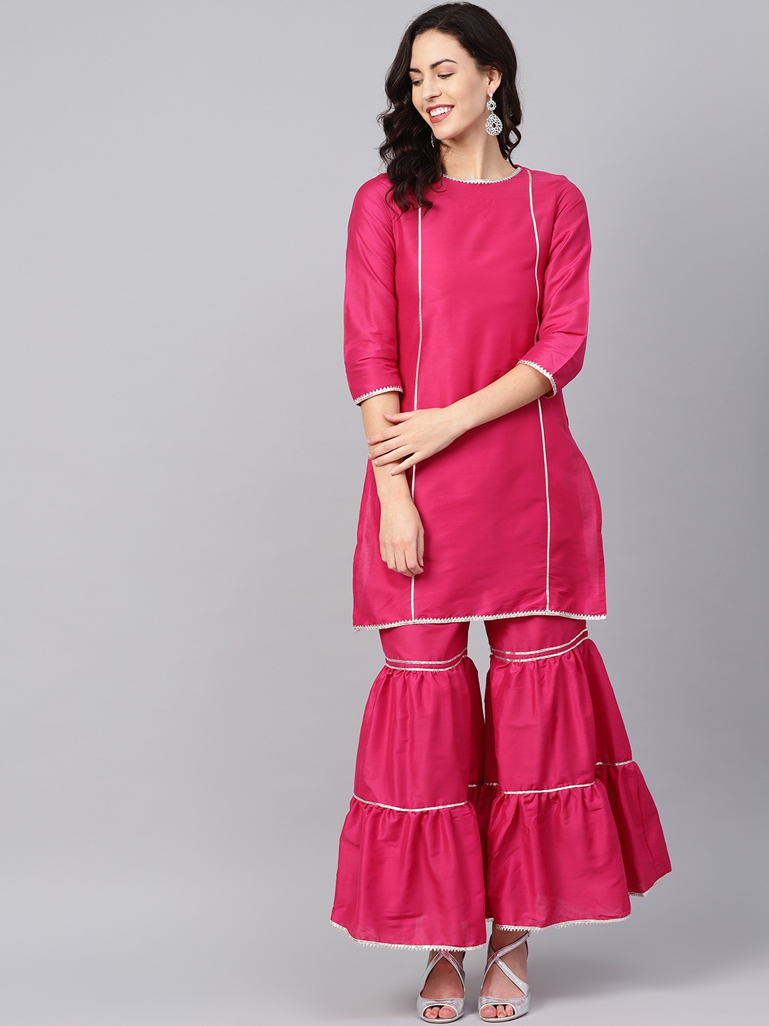 

Bhama Couture Women Pink Silk Solid Kurta with Sharara