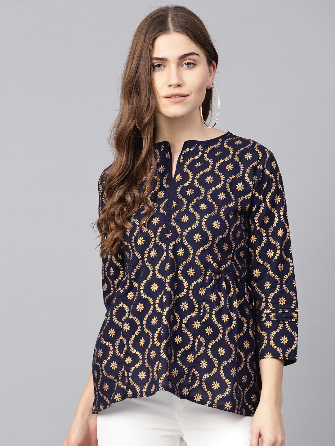 

Bhama Couture Women Navy Blue & Golden Printed A-Line Pure Cotton Top