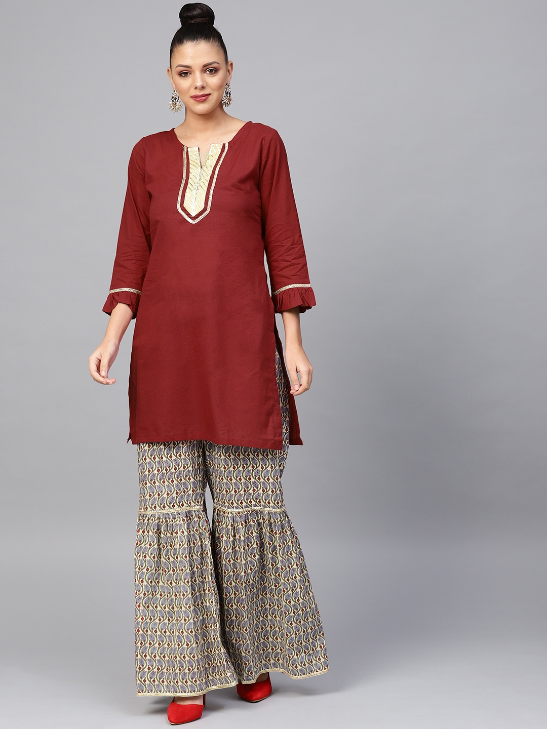 

Bhama Couture Women Maroon & Beige Solid Kurta with Sharara