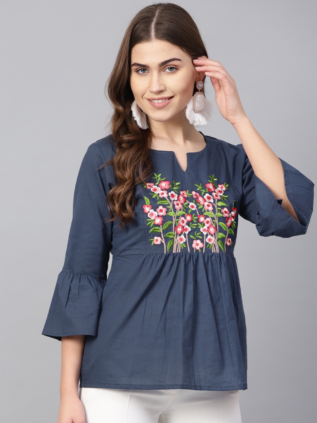 

Bhama Couture Women Navy Blue Embroidered Detail A-Line Pure Cotton Top