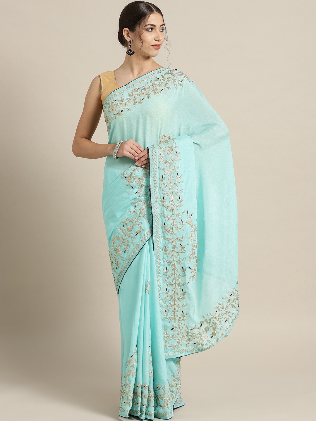 

Geroo Jaipur Handcrafted Blue Gorgette Saree, Green